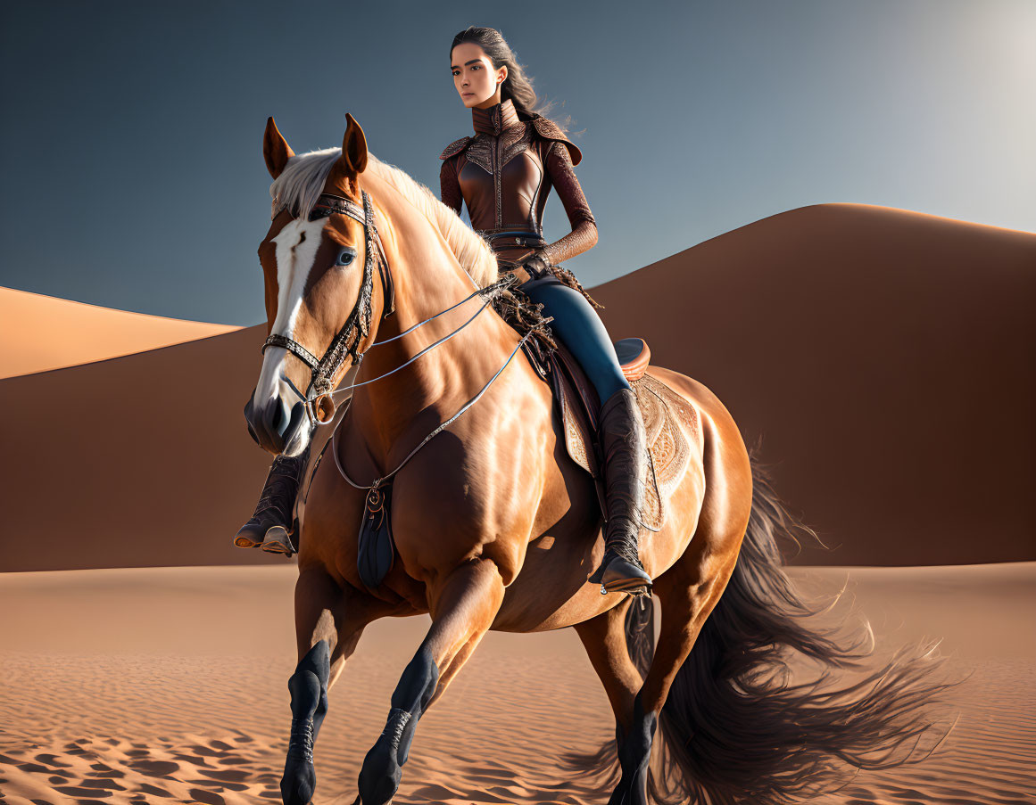 Woman with long hair riding horse in desert dunes, wearing brown leather outfit