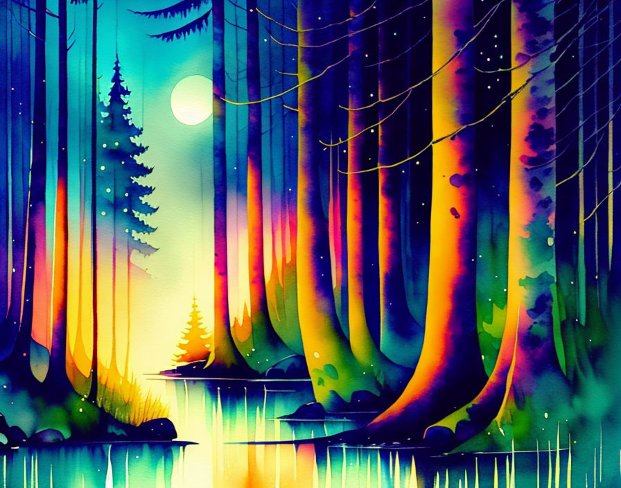 Colorful watercolor illustration of mystical forest with lake and full moon