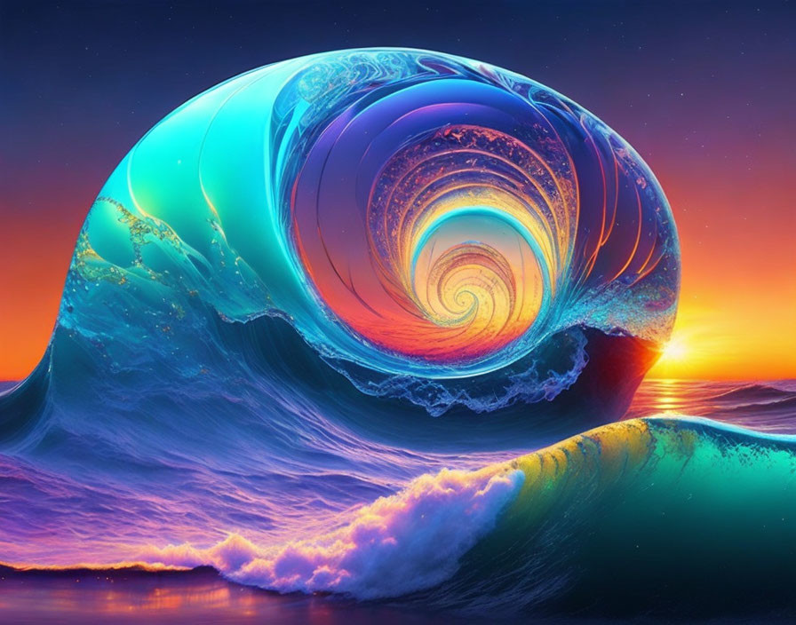 Colorful Digital Artwork: Large Wave with Spiral Pattern in Sunset Sky