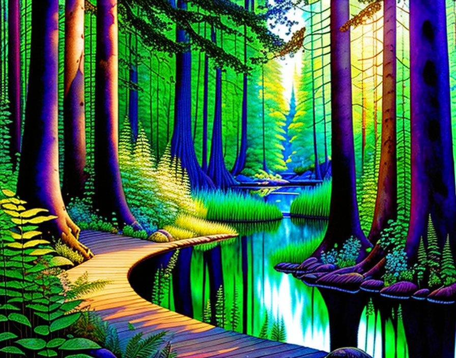 Colorful Forest Illustration: Wooden Boardwalk by Serene River