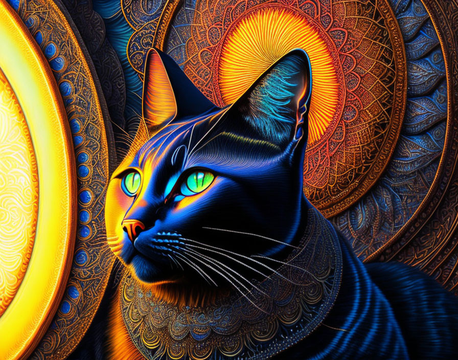 Colorful digital art: blue and orange cat with fractal patterns and glowing eyes on mandala background