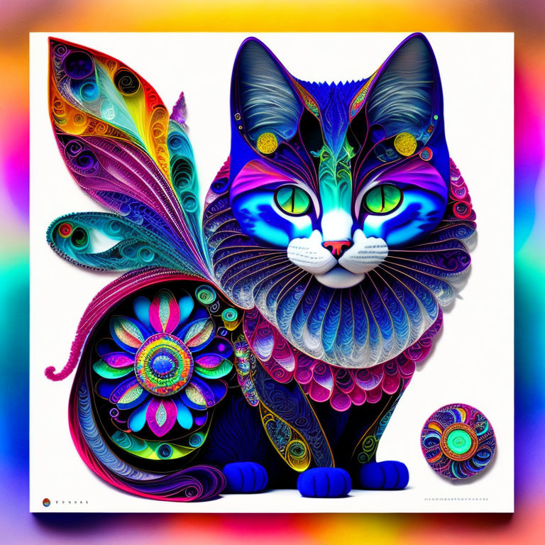 Colorful Cat Artwork with Intricate Patterns on Bright Background