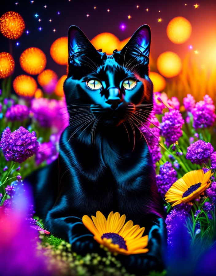 Vibrant black cat with colorful flowers and glowing lights