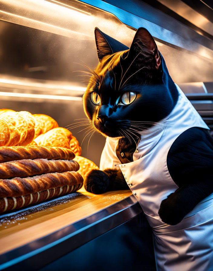 Digital Art: Black Cat in Baker's Outfit Surrounded by Freshly Baked Bread