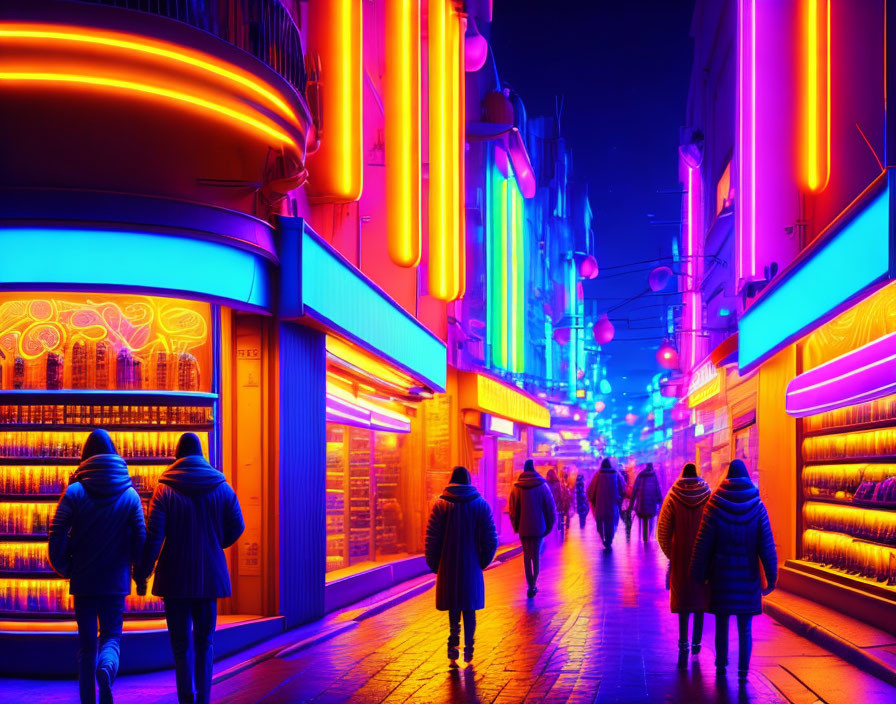 City street at night with neon lights, pedestrians, and colorful sky