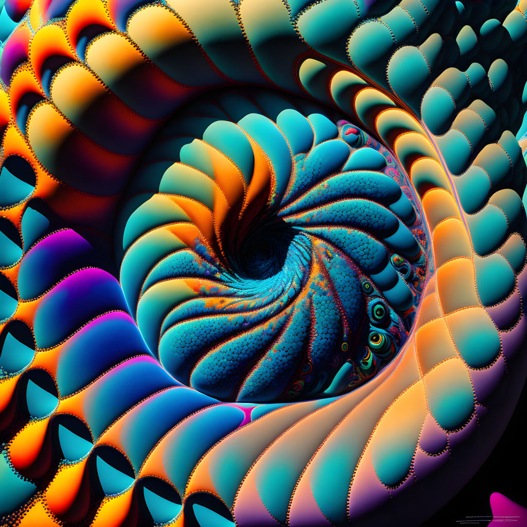 Colorful 3D digital fractal with swirling blue, orange, and purple patterns