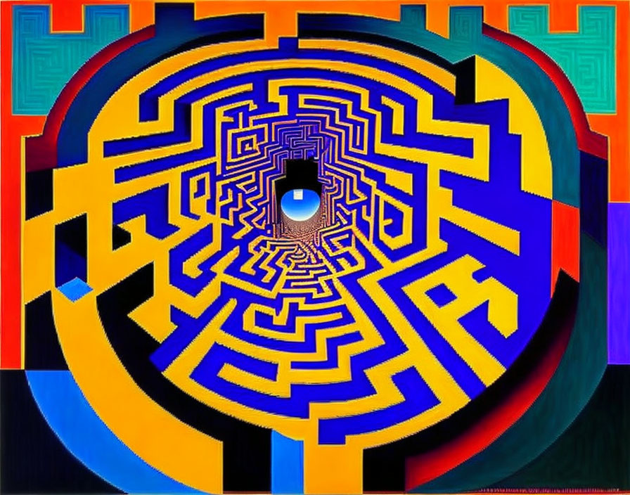 Colorful Abstract Digital Art: Maze Design with Central Eye & Geometric Patterns