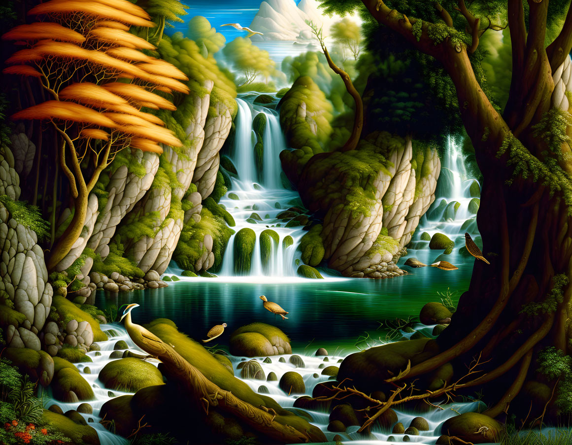 Fantastical landscape with waterfalls, ducks, and lush greenery