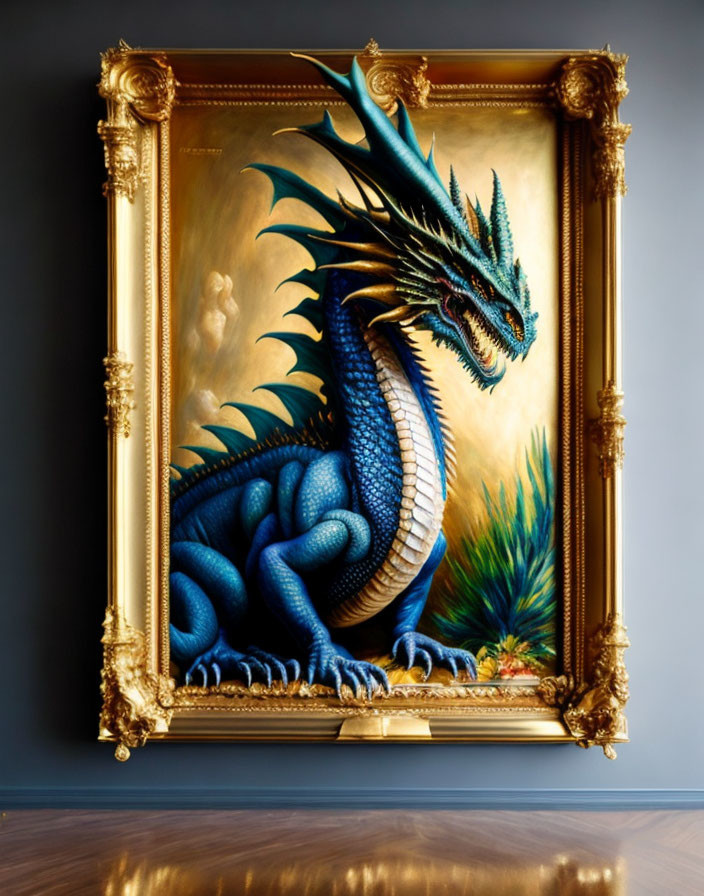 Blue Dragon Painting in Golden Frame Breaking Out into Reality