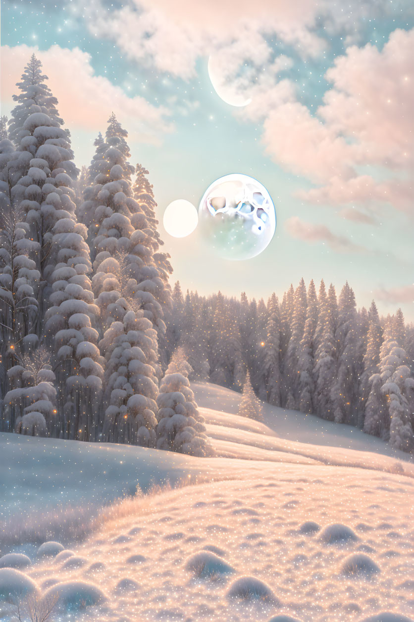 Snowy Twilight Landscape with Tall Pine Trees, Reflective Bubble, and Two Moons