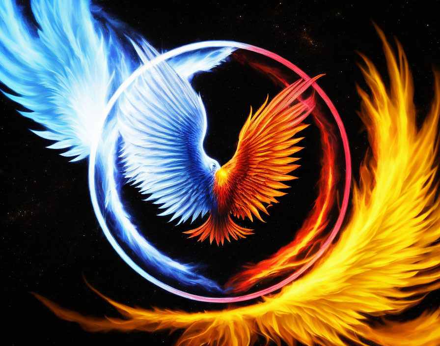 Colorful Phoenix and Yin-Yang Symbol Artwork on Black Background