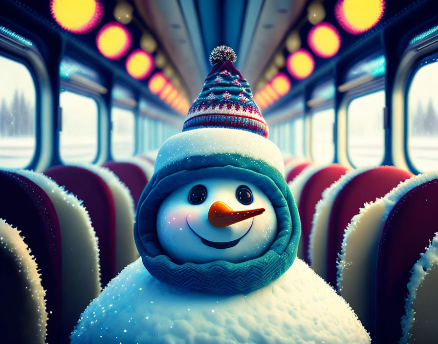 Snowman with blue scarf and striped hat on bus in winter scenery