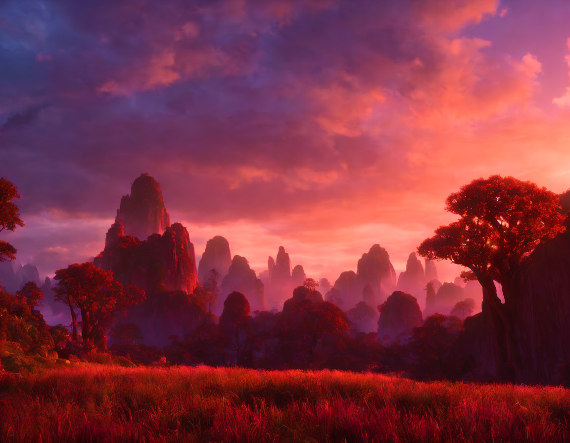 Crimson Skies Over Rock Formations and Red Grass at Sunset