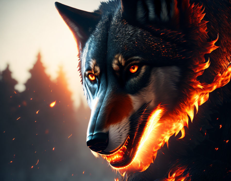 Digital illustration of fiery wolf in dusky forest