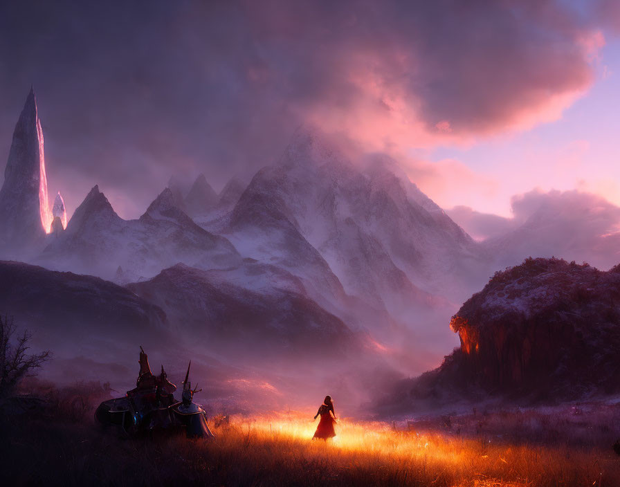 Twilight mystical landscape with person, glowing meadow, mountains, and carriage