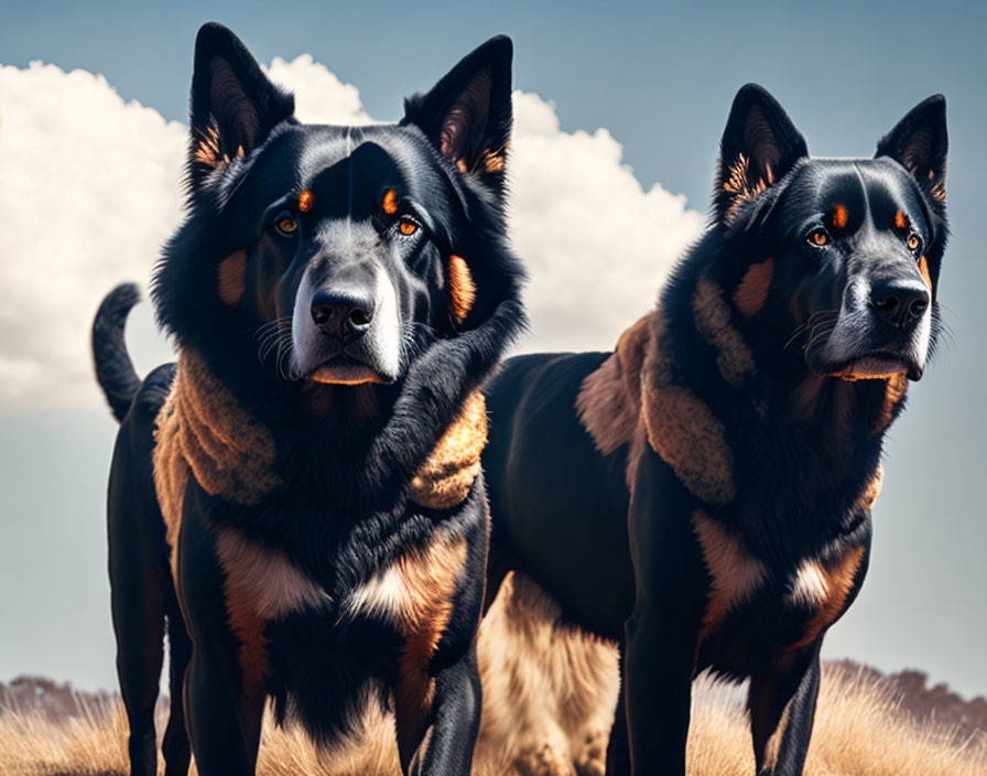 Two Black and Tan Dogs in Field with Dramatic Sky