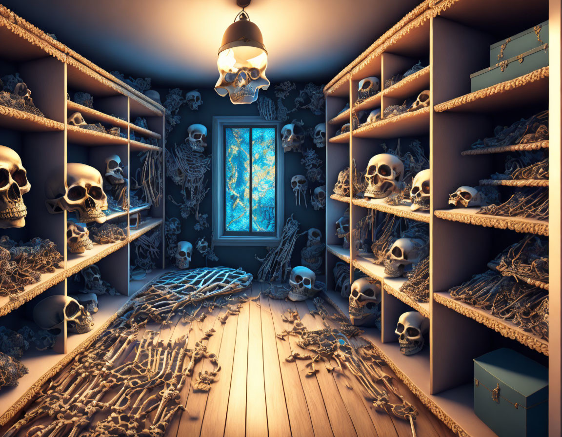 Dimly lit room with human bones, skulls, frosted window, and scattered bones.