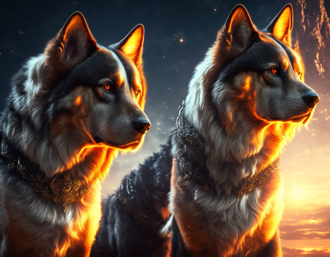 Siberian Huskies with glowing eyes in fiery sunset scene