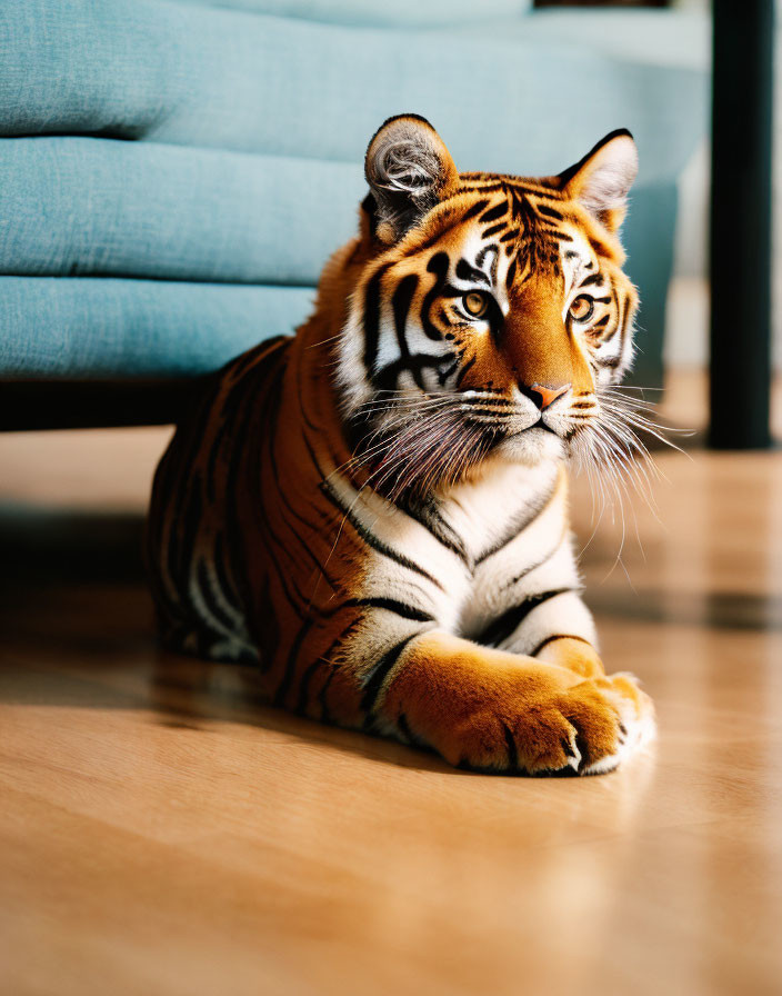 Majestic tiger on wooden floor with blue couch in background