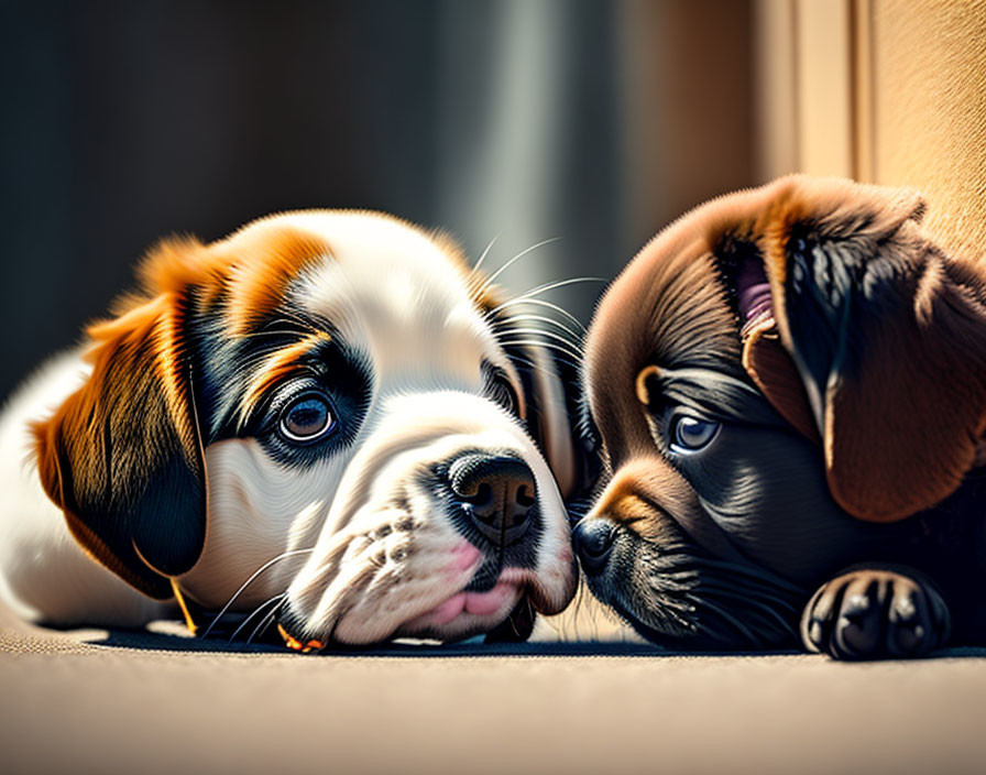 Two Adorable Puppies Lying Together, One White and Brown, the Other Solid Brown