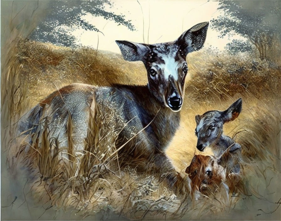 Two deer in field: adult deer looking, fawn resting in grass.