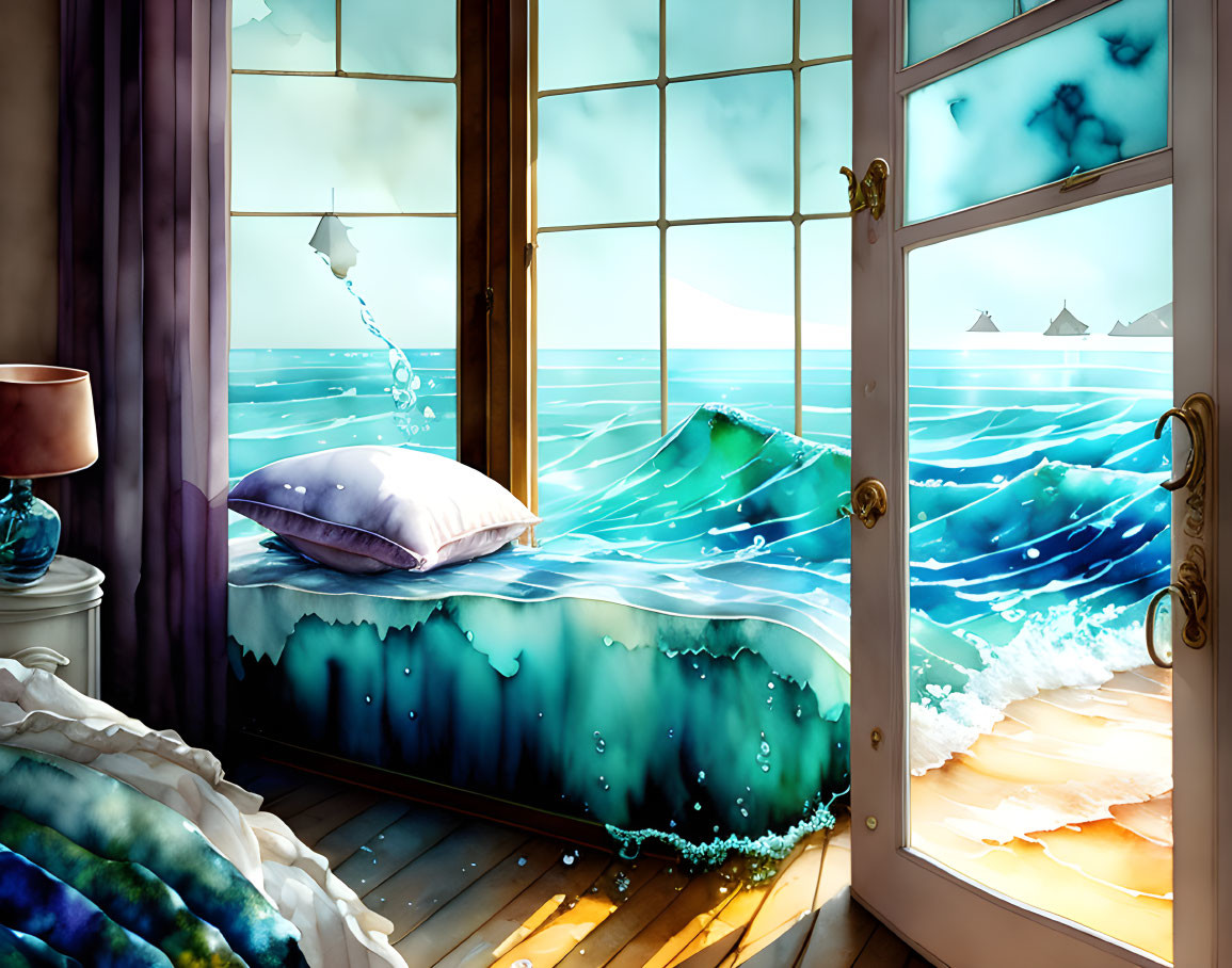 Surreal artwork: Bedroom merging with ocean, floating pillow, sunlight.