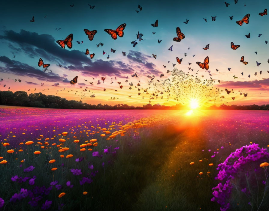 Colorful sunset over blooming field with purple and orange flowers and butterflies