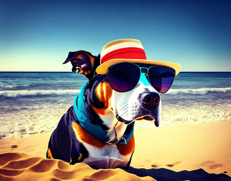 Dog in Sunglasses and Sunhat Relaxing on Beach with Waves