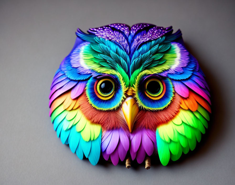 Vivid Owl Artwork with Colorful Plumage on Grey Background