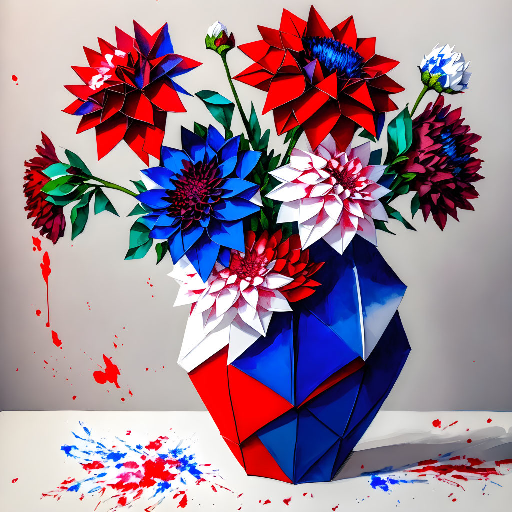 Colorful geometric paper flowers in red, white, and blue hues in polygonal vase.