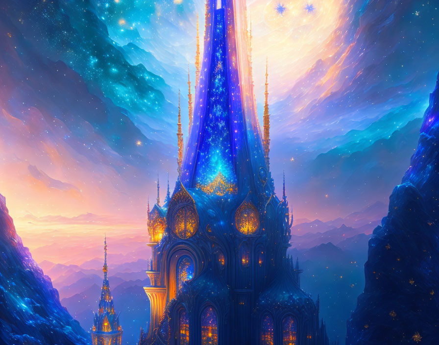 Fantastical castle illuminated by blue lights in cosmic setting