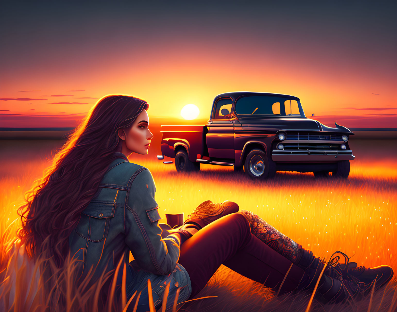 Woman sitting in field at sunset with vintage truck in vivid orange sky