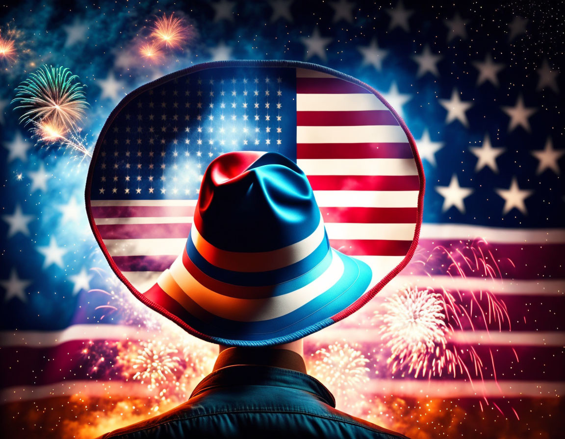 Patriotic hat with stars and stripes watching fireworks and American flag