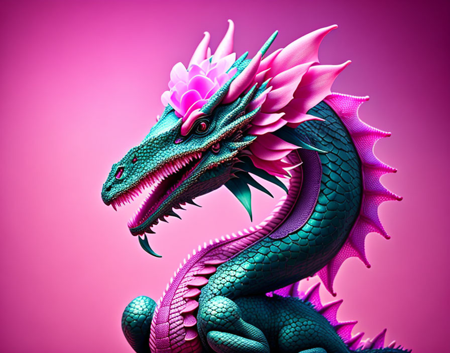 Detailed Blue and Pink Dragon Illustration with Intricate Scales and Floral Crest