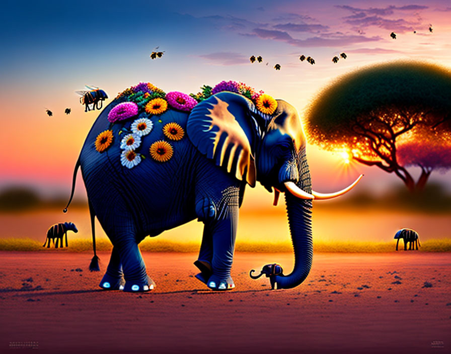 Vibrant elephant painting in savanna sunset with flowers and tiny animals