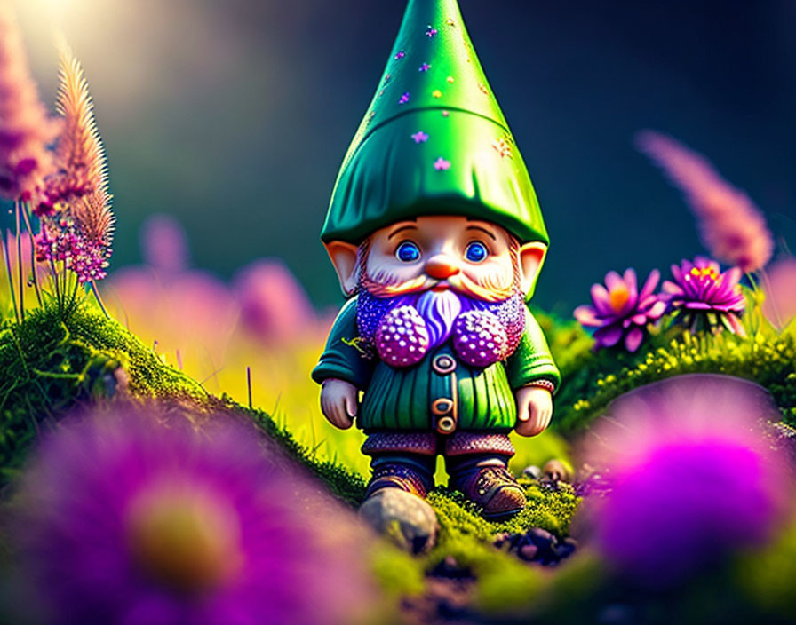 Whimsical garden gnome in vibrant garden scene