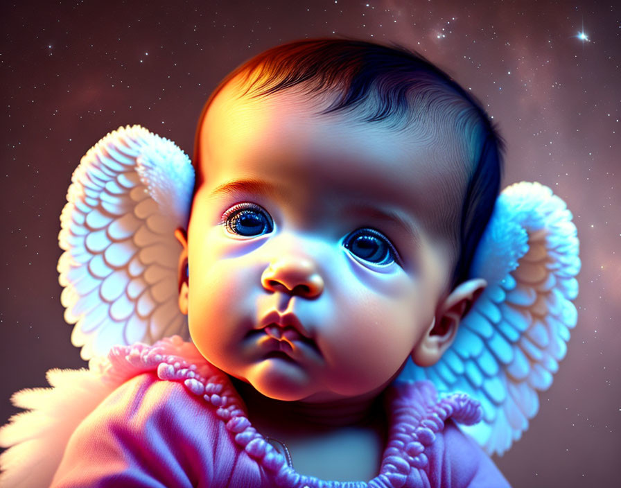 Curious infant with angel wings in warm, starry setting