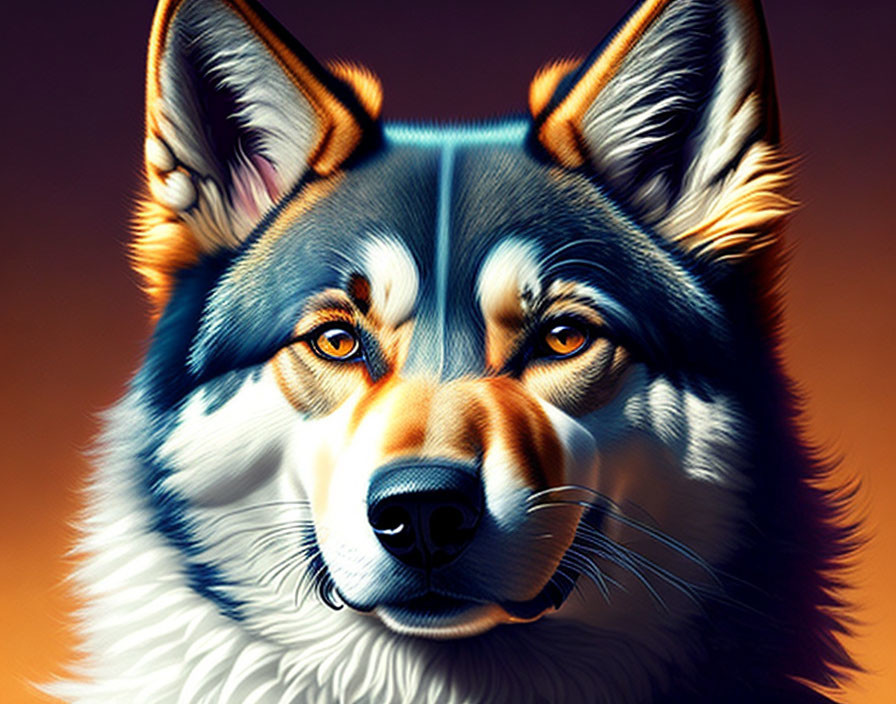 Vibrant digital artwork: Husky with amber eyes on orange background