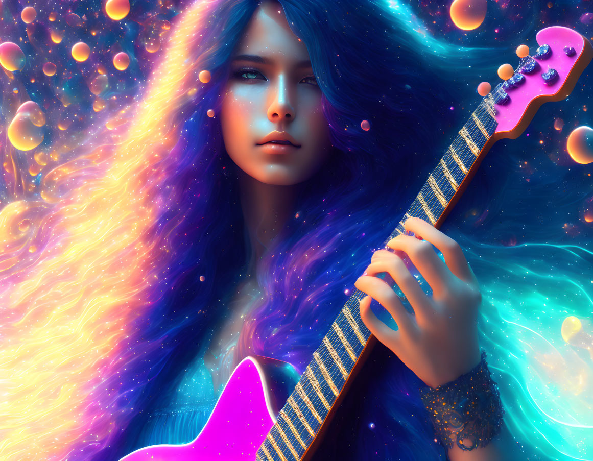 Digital artwork: Woman with cosmic hair playing pink electric guitar in space-themed scene