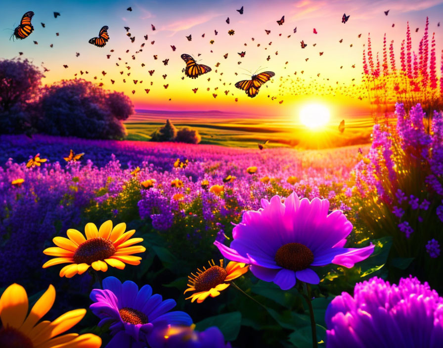 Colorful sunset over vibrant flower field with fluttering butterflies