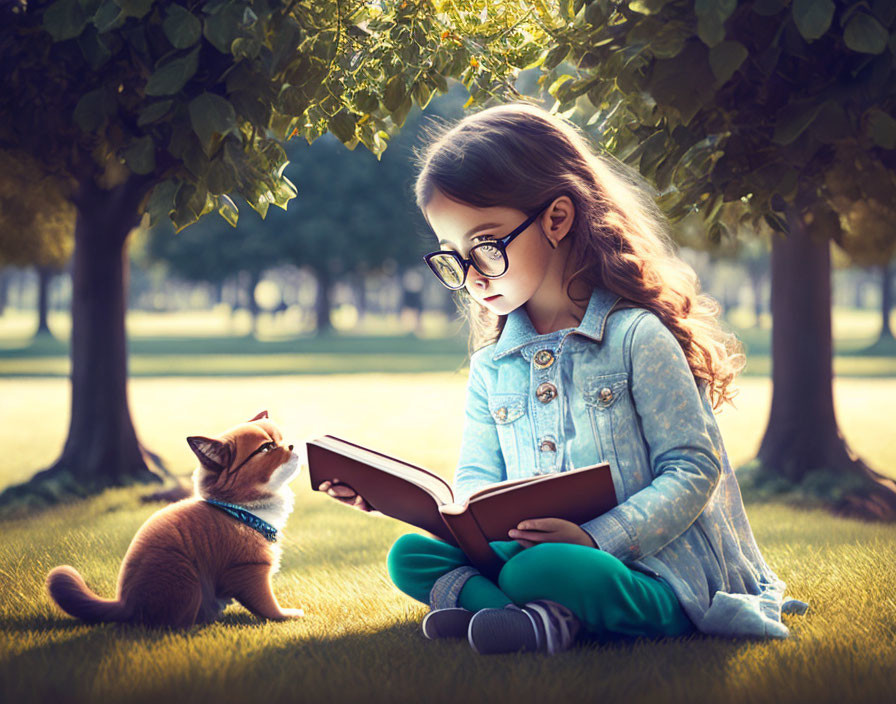 Young girl reading book outdoors with attentive kitten under trees