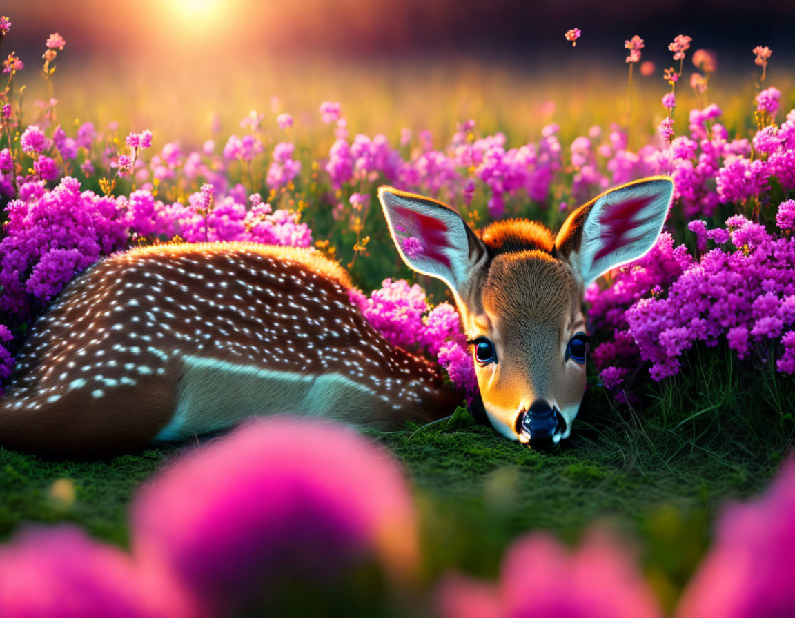 Young deer among purple flowers in sunlit meadow