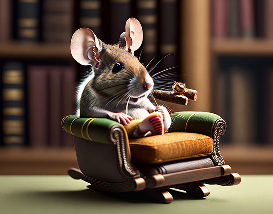 Stylized mouse in armchair with book and cigar against bookshelves