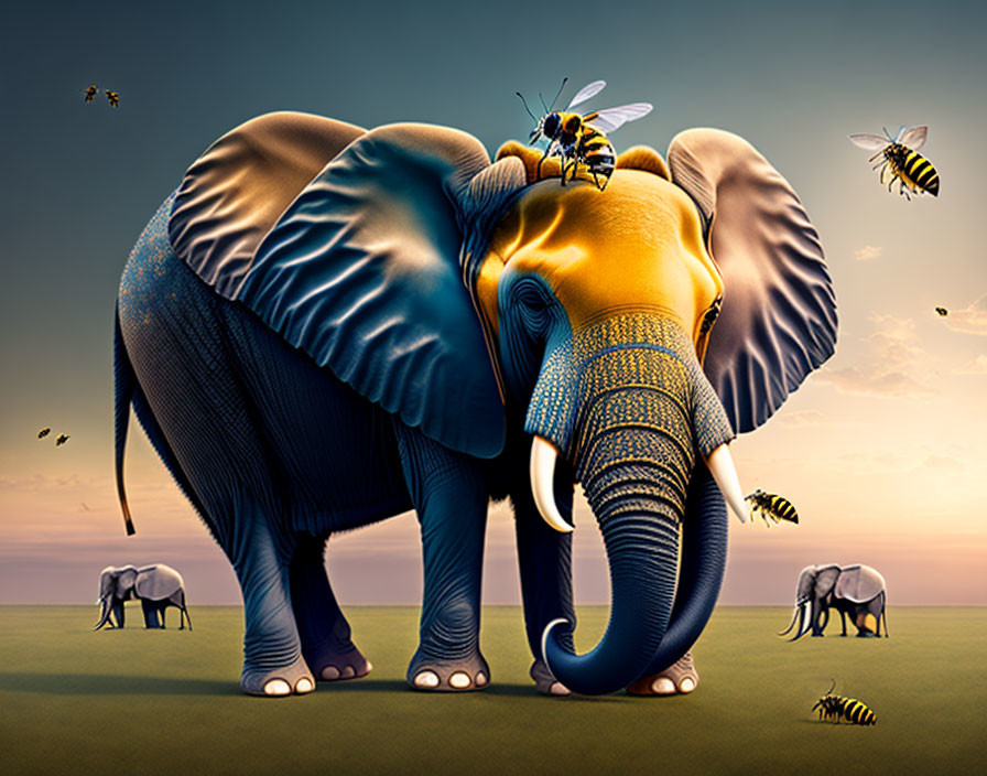 Detailed surreal illustration: oversized bees, vibrant elephant, and herd in dusk sky