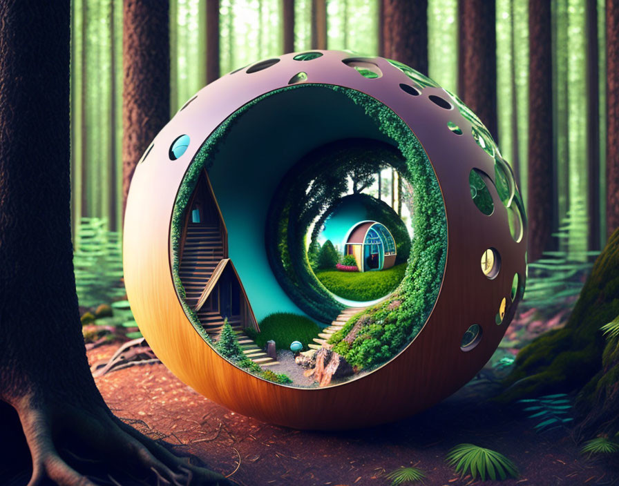 Enchanting spherical forest structure with doorway and windows