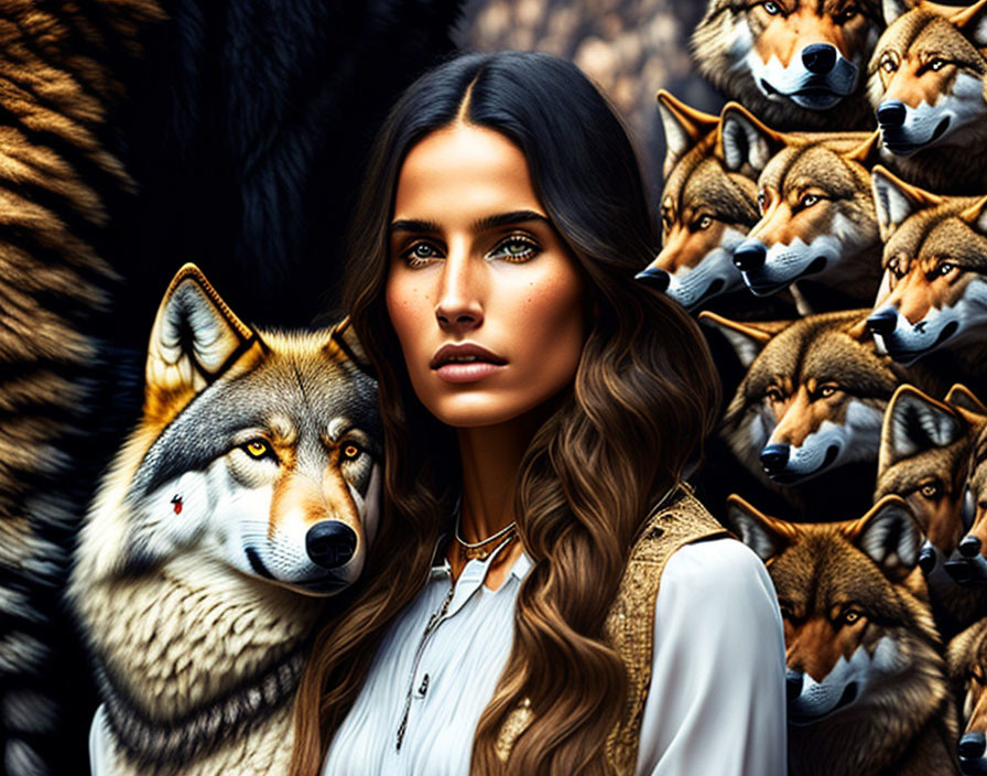 Woman with Green Eyes and Wavy Hair Among Wolf Illustrations