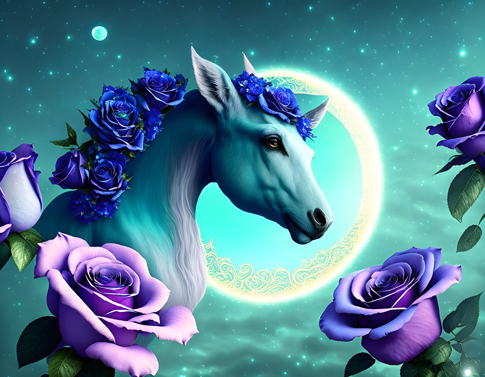 Mystical unicorn with blue roses in mane on celestial background