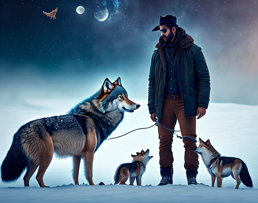 Person in winter gear with three wolves under night sky and snowy landscape