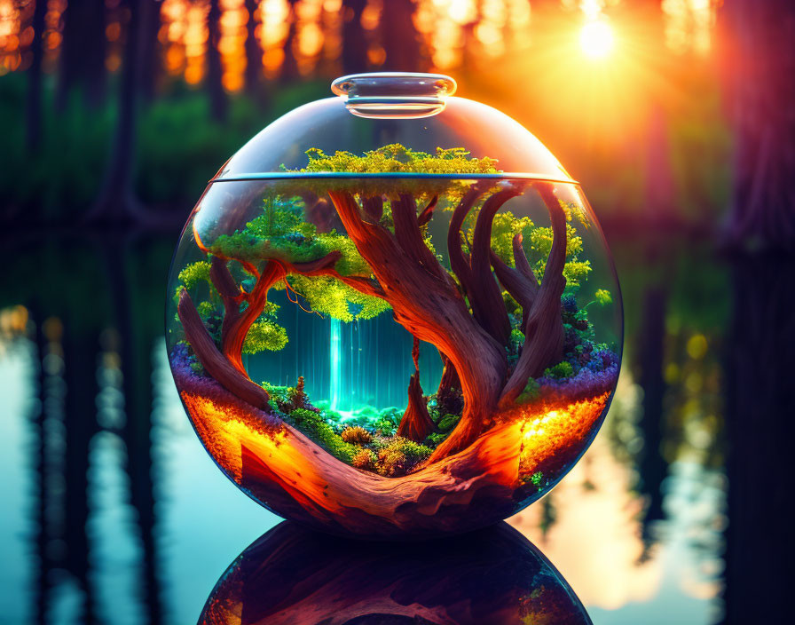 Miniature forest terrarium with waterfalls at sunset