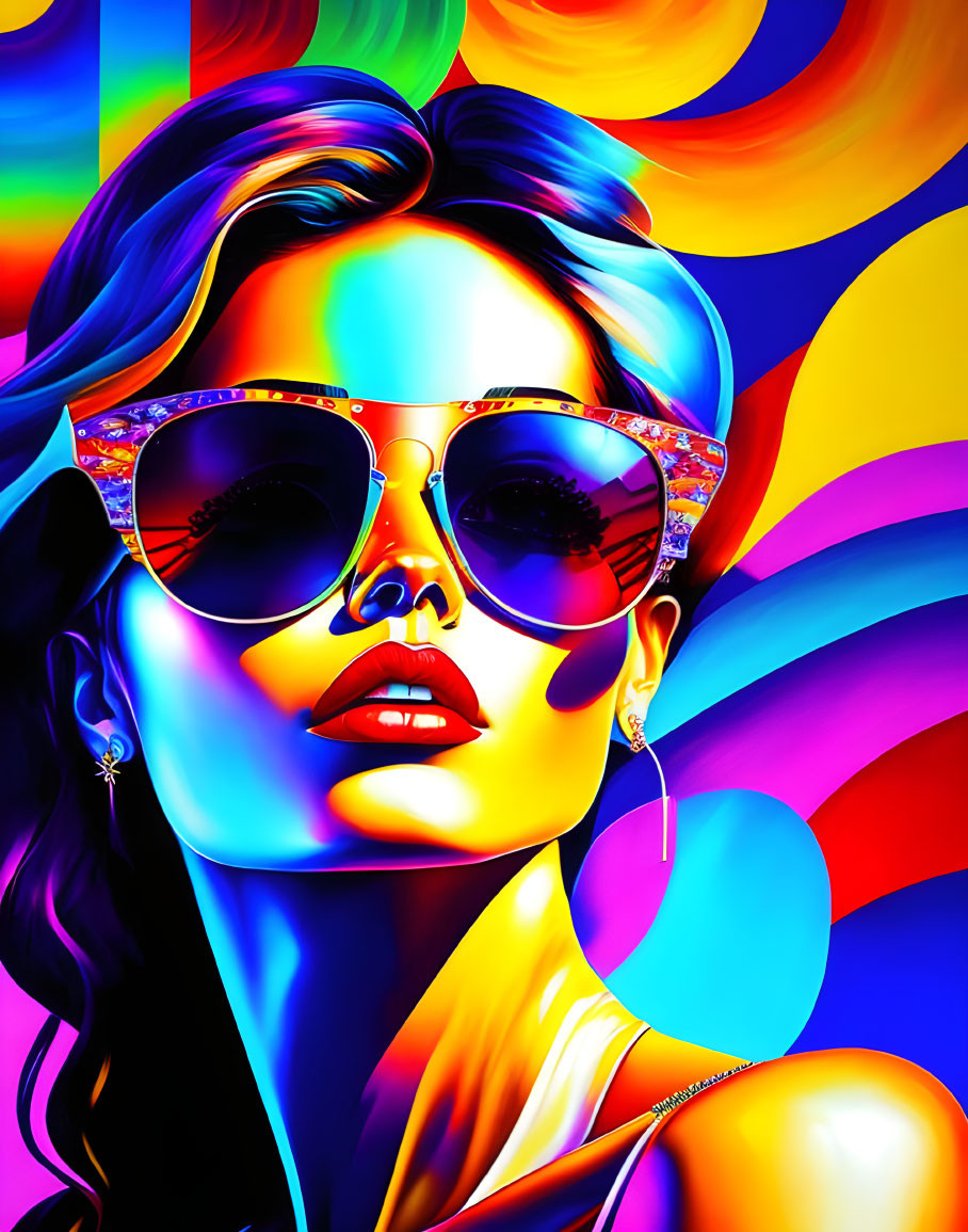 Fashionable woman in sunglasses and earrings on vibrant, psychedelic backdrop